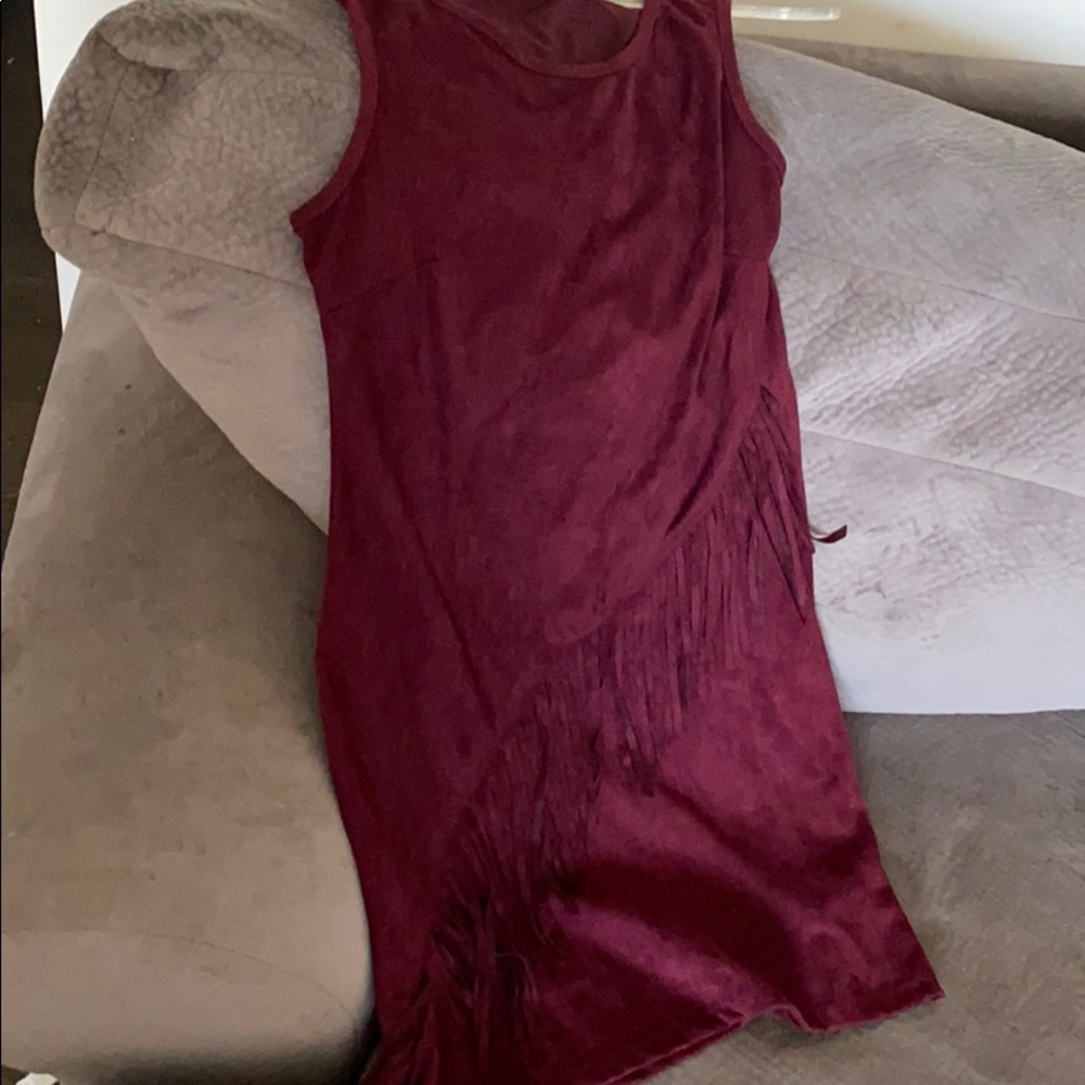 Burgundy dress.
